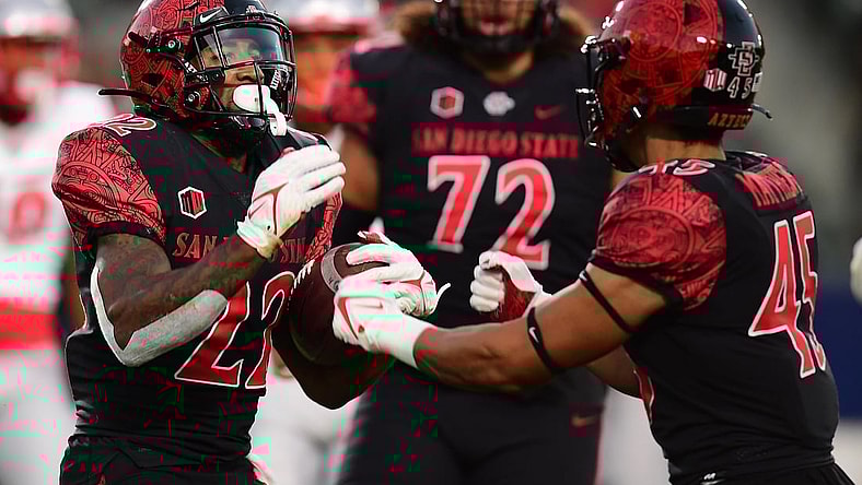 Oct 9, 2021; Carson, California, USA; San Diego State Aztecs running back Greg Bell (22) celebrates with wide receiver Jesse Matthews (45) his touchdown scored against the New Mexico Lobos during the first half at Dignity Health Sports Park. Mandatory Credit: Gary A. Vasquez-USA TODAY Sports