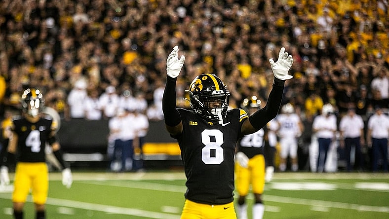 Iowa defensive back Matt Hankins (8) reacts during a NCAA Big Ten Conference football game against Penn State, Saturday, Oct. 9, 2021, at Kinnick Stadium in Iowa City, Iowa. Iowa beat Penn State, 23-20.

211009 Penn St Iowa Fb 080 Jpg