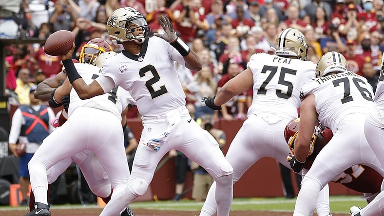 Oct 10, 2021; Landover, Maryland, USA; New Orleans Saints quarterback Jameis Winston (2) passes the ball from the end zone against the Washington Football Team during the second quarter at FedExField. Mandatory Credit: Geoff Burke-USA TODAY Sports