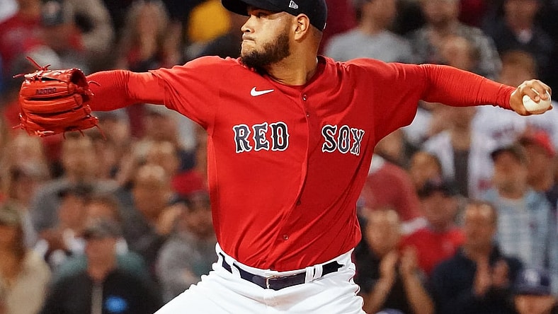 Oct 11, 2021; Boston, Massachusetts, USA; Boston Red Sox starting pitcher Eduardo Rodriguez (57) pitches against the Tampa Bay Rays during the first inning during game four of the 2021 ALDS at Fenway Park. Mandatory Credit: David Butler II-USA TODAY Sports