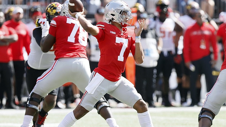 Ohio State Buckeyes quarterback C.J. Stroud (7) throws the ball against Maryland Terrapins during the second quarter of their NCAA college football game at Ohio Stadium in Columbus, Ohio on October 9, 2021.

Osu21mary Kwr 18