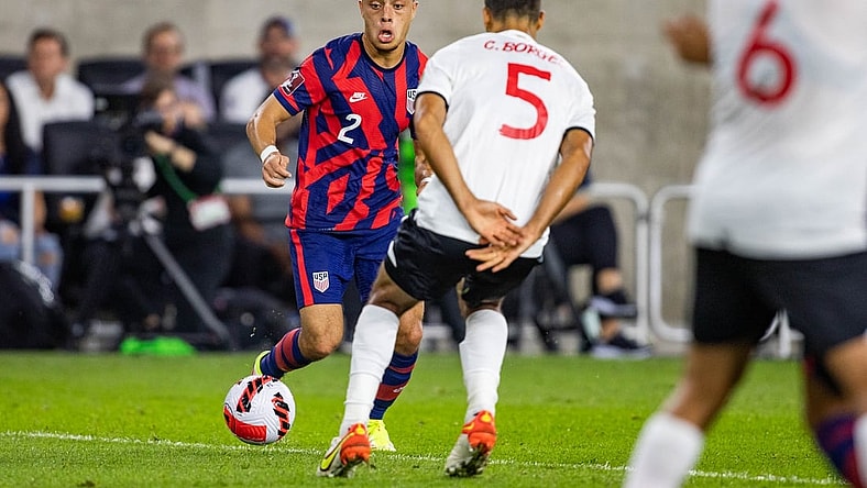 Oct 13, 2021; Columbus, Ohio, USA; the United States defender Sergino Dest (2) dribbles the ball while Costa Rica midfielder Celso Borges (5) defends  during a FIFA World Cup Qualifier soccer match at Lower.com Field. Mandatory Credit: Trevor Ruszkowski-USA TODAY Sports