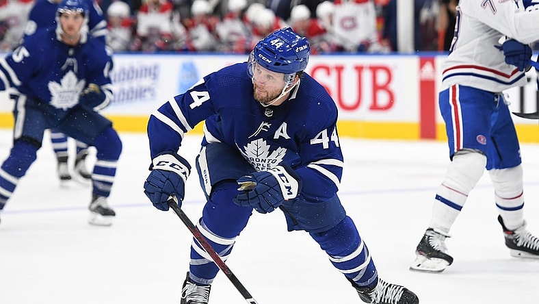 Oct 13, 2021; Toronto, Ontario, CAN;  Toronto Maple Leafs defenseman Morgan Rielly (44) moves to block a passing lane against Montreal Canadiens in the third period at Scotiabank Arena. Mandatory Credit: Dan Hamilton-USA TODAY Sports