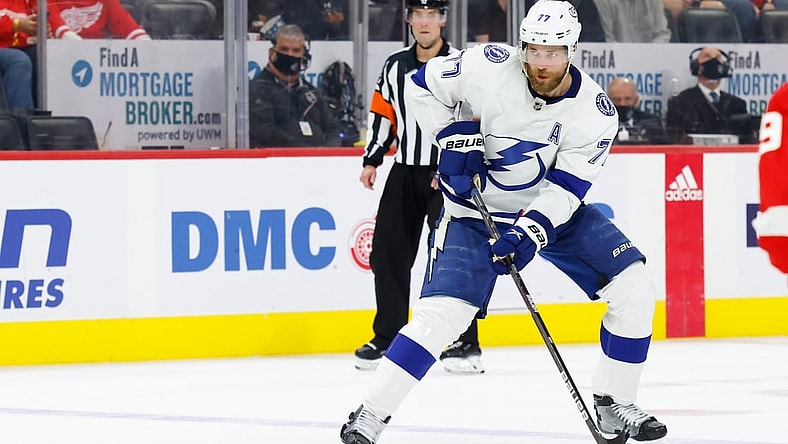 Oct 14, 2021; Detroit, Michigan, USA; Tampa Bay Lightning defenseman Victor Hedman (77) skates with the puck in the first period against the Detroit Red Wings at Little Caesars Arena. Mandatory Credit: Rick Osentoski-USA TODAY Sports