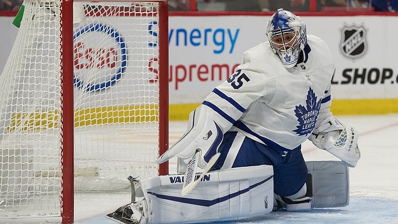 Oct 14, 2021; Ottawa, Ontario, CAN; Toronto Maple Leafs goalie Petr Mrazek (35) makes a save in the second period against the Ottawa Senators at the Canadian Tire Centre. Mandatory Credit: Marc DesRosiers-USA TODAY Sports