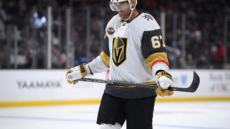 Oct 14, 2021; Los Angeles, California, USA; Vegas Golden Knights left wing Max Pacioretty (67) looks on during the second period against the Los Angeles Kings at Staples Center. Mandatory Credit: Orlando Ramirez-USA TODAY Sports