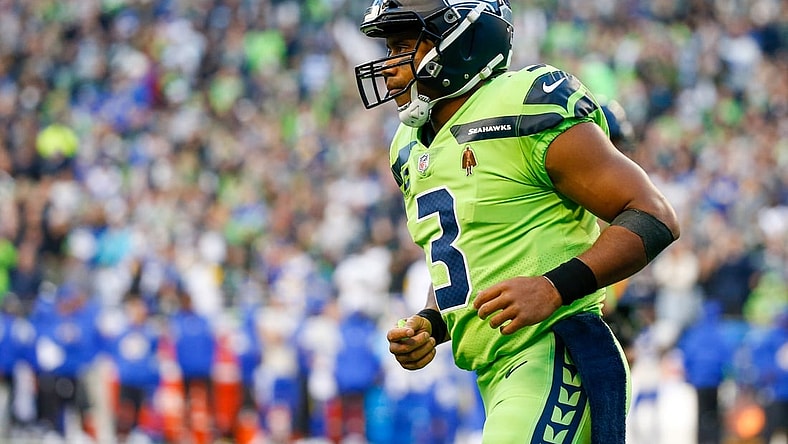 Oct 7, 2021; Seattle, Washington, USA; Seattle Seahawks quarterback Russell Wilson (3) returns to the sideline following a series against the Los Angeles Rams the second quarter at Lumen Field. Mandatory Credit: Joe Nicholson-USA TODAY Sports