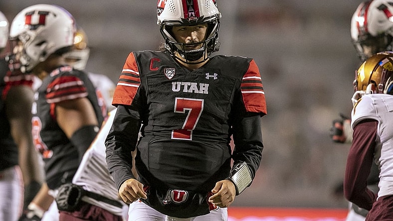 Oct 16, 2021; Salt Lake City, Utah, USA;  Utah Utes quarterback Cameron Rising (7) reacts after throwing a second quarter interception against the Arizona State Sun Devils at Rice-Eccles Stadium. Mandatory Credit: Rob Gray-USA TODAY Sports