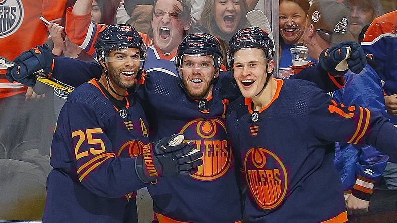 Oct 16, 2021; Edmonton, Alberta, CAN; Edmonton Oilers forward Connor McDavid (97) celebrates after a first period goal against the Calgary Flames at Rogers Place. Mandatory Credit: Perry Nelson-USA TODAY Sports