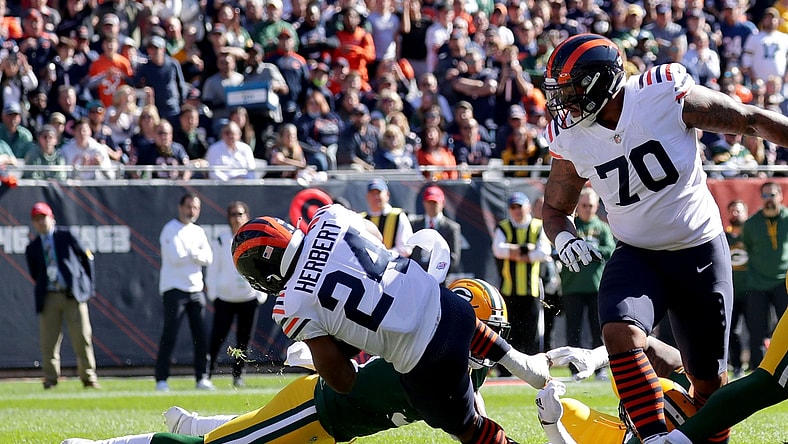 Oct 17, 2021; Chicago, IL, USA;  Chicago Bears running back Khalil Herbert (24) scores a touchdown during the first quarter of their game against the Green Bay Packers at Soldier Field in Chicago on Sunday, Oct. 17, 2021. Mandatory Credit: Mike De Sisti-USA TODAY Sports