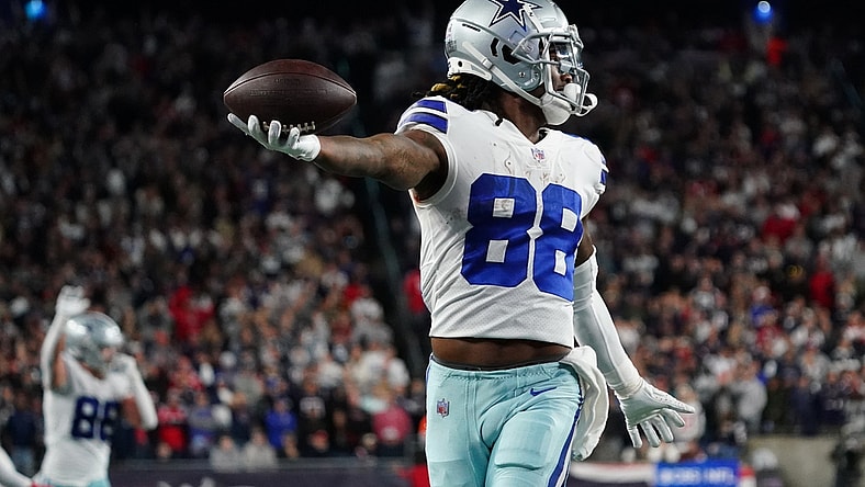 Oct 17, 2021; Foxborough, Massachusetts, USA; Dallas Cowboys wide receiver CeeDee Lamb (88) makes the catch and runs the ball for the game winning touchdown in overtime at Gillette Stadium. Mandatory Credit: David Butler II-USA TODAY Sports