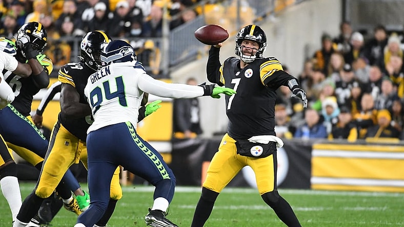 Oct 17, 2021; Pittsburgh, Pennsylvania, USA;  Pittsburgh Steelers quarterback Ben Roethlisberger (7) is pressured by Seattle Seahawks defensive end Rasheem Green (94) during the first quarter at Heinz Field. Mandatory Credit: Philip G. Pavely-USA TODAY Sports