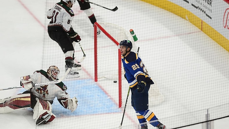 Oct 18, 2021; Glendale, Arizona, USA; St. Louis Blues center Klim Kostin (37) celebrates a goal against the Arizona Coyotes during the second period at Gila River Arena. Mandatory Credit: Joe Camporeale-USA TODAY Sports