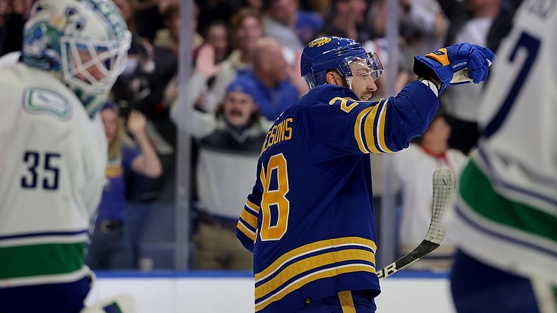 Oct 19, 2021; Buffalo, New York, USA;  Buffalo Sabres center Zemgus Girgensons (28) celebrates his goal during the second period against the Vancouver Canucks at KeyBank Center. Mandatory Credit: Timothy T. Ludwig-USA TODAY Sports