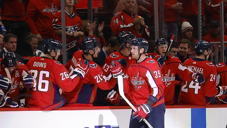 Oct 19, 2021; Washington, District of Columbia, USA; Washington Capitals right wing Anthony Mantha (39) celebrates with teammates after scoring a goal against the Colorado Avalanche during the second period at Capital One Arena. Mandatory Credit: Geoff Burke-USA TODAY Sports