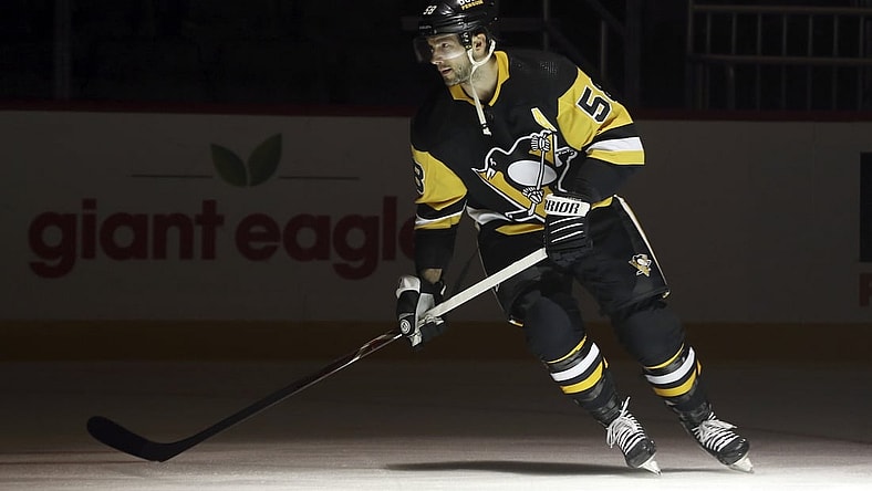 Oct 19, 2021; Pittsburgh, Pennsylvania, USA; Pittsburgh Penguins defenseman Kris Letang (58) makes the ice to play the Dallas Stars at PPG Paints Arena. Dallas won 2-1 in a shootout. Mandatory Credit: Charles LeClaire-USA TODAY Sports