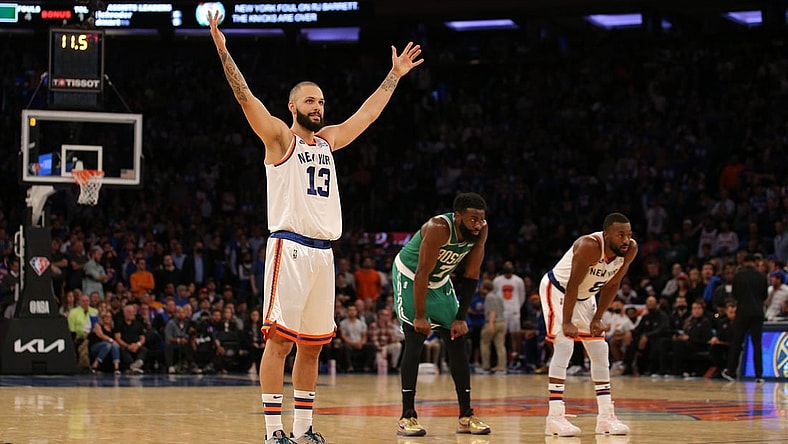 Oct 20, 2021; New York, New York, USA; New York Knicks guard Evan Fournier (13) urges the crowd to make noise during the fourth quarter against the Boston Celtics at Madison Square Garden. Mandatory Credit: Brad Penner-USA TODAY Sports