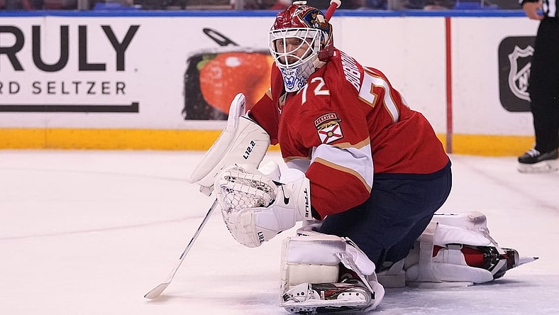 Oct 21, 2021; Sunrise, Florida, USA; Florida Panthers goaltender Sergei Bobrovsky (72) deflects a shot against the Colorado Avalanche during the first period at FLA Live Arena. Mandatory Credit: Jasen Vinlove-USA TODAY Sports