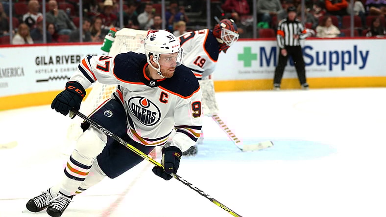 Oct 21, 2021; Glendale, Arizona, USA; Edmonton Oilers center Connor McDavid (97) skates on the ice during the third period against the Arizona Coyotes at Gila River Arena. Mandatory Credit: Mark J. Rebilas-USA TODAY Sports