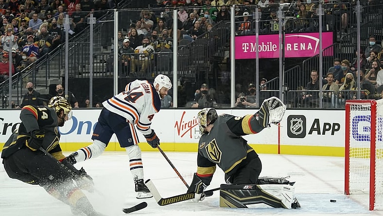 Oct 22, 2021; Las Vegas, Nevada, USA; Edmonton Oilers winger Zack Kassian (44) scores against Vegas Golden Knights goalie Robin Lehner (90) in the third period at T-Mobile Arena. Mandatory Credit: Lucas Peltier-USA TODAY Sports