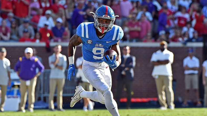 Oct 23, 2021; Oxford, Mississippi, USA; Mississippi Rebels running back Jerrion Ealy (9) carries the ball during the first half against the LSU Tigers at Vaught-Hemingway Stadium. Mandatory Credit: Justin Ford-USA TODAY Sports