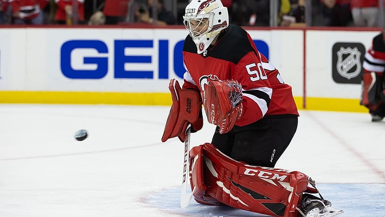 Oct 23, 2021; Newark, New Jersey, USA; New Jersey Devils goaltender Nico Daws (50) warms up before the game against Buffalo Sabres at Prudential Center. Mandatory Credit: Tom Horak-USA TODAY Sports