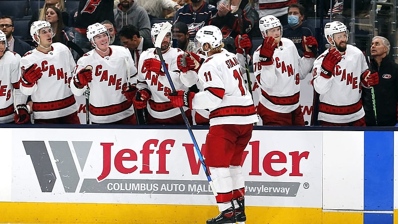 Oct 23, 2021; Columbus, Ohio, USA; Carolina Hurricanes center Jordan Staal (11) celebrates a goal against the Columbus Blue Jackets during the second period at Nationwide Arena. Mandatory Credit: Russell LaBounty-USA TODAY Sports