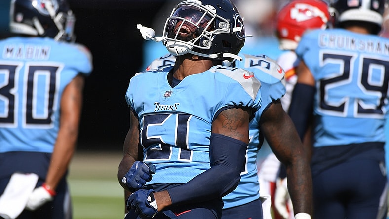 Oct 24, 2021; Nashville, Tennessee, USA; Tennessee Titans linebacker David Long (51) after a defensive stop during the first half against the Kansas City Chiefs at Nissan Stadium. Mandatory Credit: Christopher Hanewinckel-USA TODAY Sports
