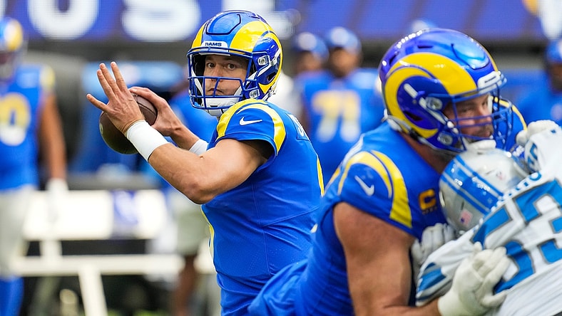 Oct 24, 2021; Inglewood, California, USA; Los Angeles Rams quarterback Matthew Stafford (9) throws a pass during the first quarter against the Detroit Lionsu at SoFi Stadium. Mandatory Credit: Robert Hanashiro-USA TODAY Sports