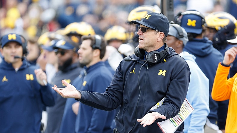 Oct 23, 2021; Ann Arbor, Michigan, USA;  Michigan Wolverines head coach Jim Harbaugh reacts against the Northwestern Wildcats at Michigan Stadium. Mandatory Credit: Rick Osentoski-USA TODAY Sports