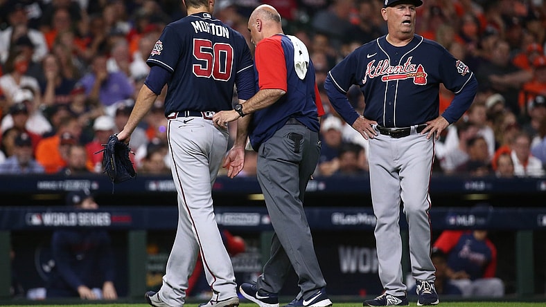 Oct 26, 2021; Houston, TX, USA; Atlanta Braves starting pitcher Charlie Morton (50) comes off the field after sustaining an apparent injury against the Houston Astros during the third inning in game one of the 2021 World Series at Minute Maid Park. Mandatory Credit: Troy Taormina-USA TODAY Sports