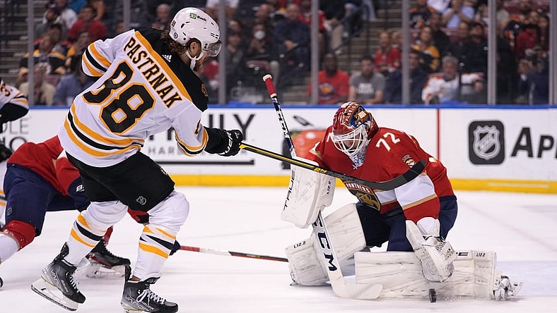 Oct 27, 2021; Sunrise, Florida, USA; Florida Panthers goaltender Sergei Bobrovsky (72) blocks the shot of Boston Bruins right wing David Pastrnak (88) during the first period at FLA Live Arena. Mandatory Credit: Jasen Vinlove-USA TODAY Sports