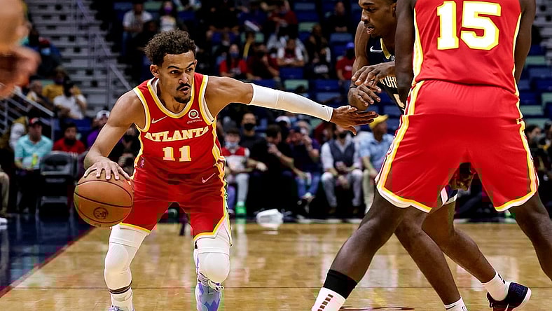 Oct 27, 2021; New Orleans, Louisiana, USA;   Atlanta Hawks guard Trae Young (11) dribbles against New Orleans Pelicans during the first half at the Smoothie King Center. Mandatory Credit: Stephen Lew-USA TODAY Sports