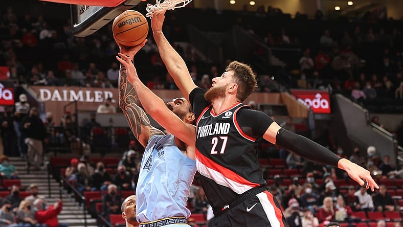 Oct 27, 2021; Portland, Oregon, USA; Portland Trail Blazers center Jusuf Nurkic (27) defends Memphis Grizzlies center Steven Adams (4) in the first half at Moda Center. Mandatory Credit: Jaime Valdez-USA TODAY Sports