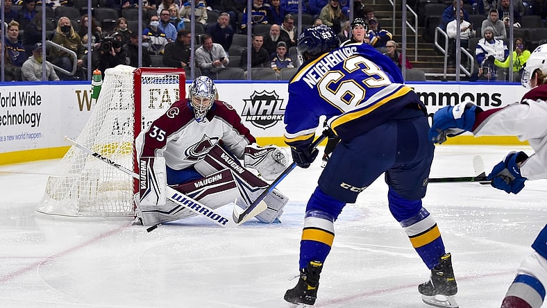 Oct 28, 2021; St. Louis, Missouri, USA;  Colorado Avalanche goaltender Darcy Kuemper (35) defends the net against St. Louis Blues left wing Jake Neighbours (63) during the first period at Enterprise Center. Mandatory Credit: Jeff Curry-USA TODAY Sports