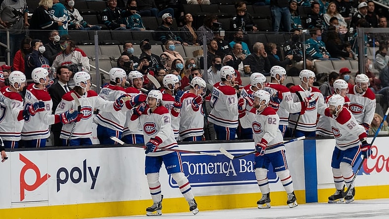 Oct 28, 2021; San Jose, California, USA;  Montreal Canadiens players celebrate after scoring against the San Jose Sharks during the second period at SAP Center at San Jose. Mandatory Credit: Stan Szeto-USA TODAY Sports