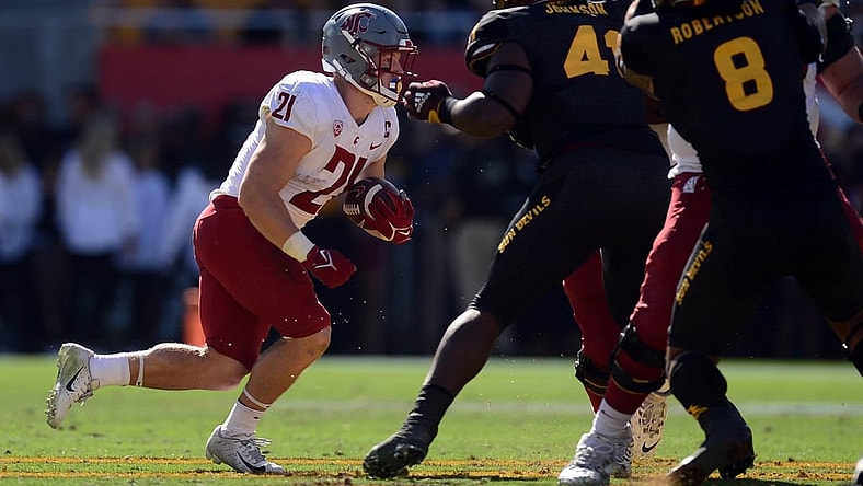 Oct 30, 2021; Tempe, Arizona, USA; Washington State Cougars running back Max Borghi (21) runs with the ball against the Arizona State Sun Devils during the first half at Sun Devil Stadium. Mandatory Credit: Joe Camporeale-USA TODAY Sports
