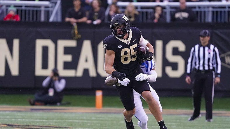 Oct 30, 2021; Winston-Salem, North Carolina, USA;  Wake Forest Demon Deacons tight end Blake Whiteheart (85) run s with the ball after his catch during the first half against the Duke Blue Devils at Truist Field. Mandatory Credit: James Guillory-USA TODAY Sports