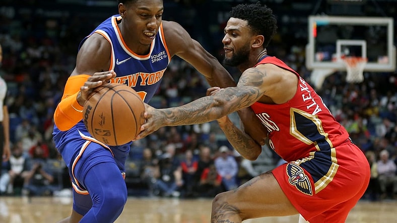 Oct 30, 2021; New Orleans, Louisiana, USA; New York Knicks guard RJ Barrett (9) is defended by New Orleans Pelicans guard Nickeil Alexander-Walker (6) in the second quarter at the Smoothie King Center. Mandatory Credit: Chuck Cook-USA TODAY Sports