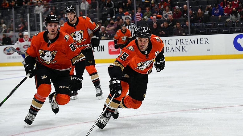 Oct 31, 2021; Anaheim, California, USA; Anaheim Ducks center Ryan Getzlaf (15) plays for the puck against the Montreal Canadiens during the first period at Honda Center. Mandatory Credit: Gary A. Vasquez-USA TODAY Sports