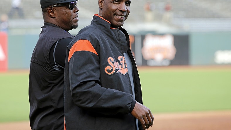 Sep 14, 2018; San Francisco, CA, USA; Former San Francisco Giants left fielder Barry Bonds smiles at fans before the game between the San Francisco Giants and the Colorado Rockies at AT&T Park. Mandatory Credit: Darren Yamashita-USA TODAY Sports