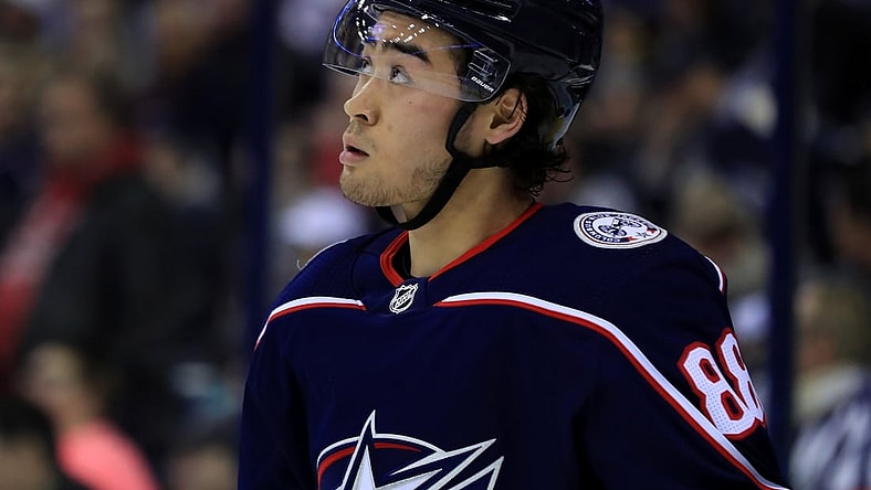 Feb 18, 2019; Columbus, OH, USA; Columbus Blue Jackets right wing Kole Sherwood (88) against the Tampa Bay Lightning at Nationwide Arena. Mandatory Credit: Aaron Doster-USA TODAY Sports