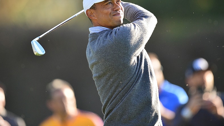 February 14, 2020; Pacific Palisades, California, USA; Tiger Woods hits from the fourteenth hole tee box during the second round of the The Genesis Invitational golf tournament at Riviera Country Club. Mandatory Credit: Gary A. Vasquez-USA TODAY Sports