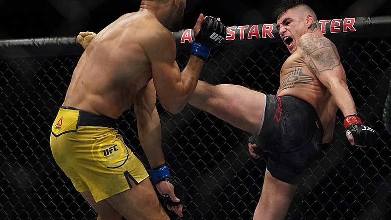 Feb 15, 2020; Rio Rancho, New Mexico, USA; Diego Sanchez (red) fights Michel Pereira (blue) in the welterweight bout during UFC Fight Night at Santa Ana Star Arena. Mandatory Credit: Kirby Lee-USA TODAY Sports