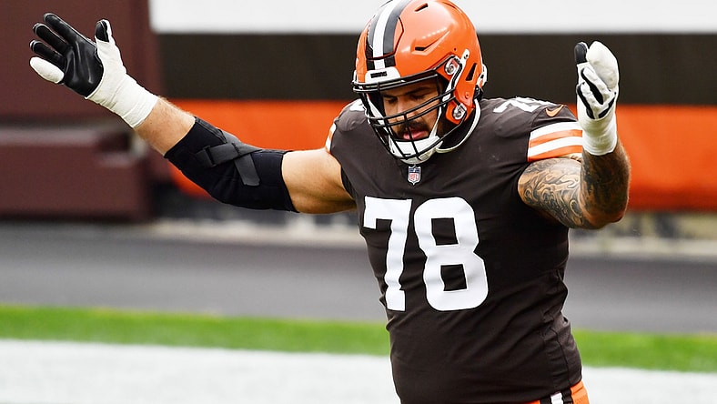 Oct 11, 2020; Cleveland, Ohio, USA; Cleveland Browns offensive tackle Jack Conklin (78) is introduced before the game between the Cleveland Browns and the Indianapolis Colts at FirstEnergy Stadium. Mandatory Credit: Ken Blaze-USA TODAY Sports