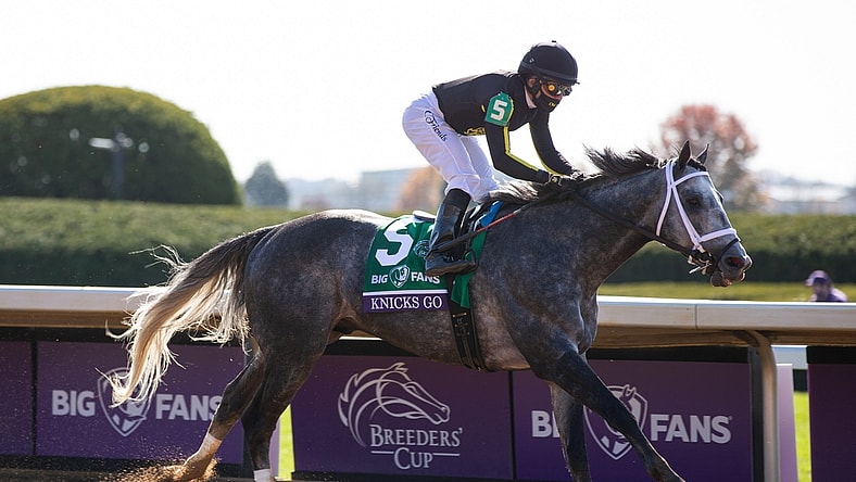 Nov 7, 2020; Lexington, KY, USA; Knicks Go with Joel Rosario up wins the Big Ass Fans Breeders' Cup Dirt Mile race during the 37th Breeders Cup World Championship at Keeneland Race Track. Mandatory Credit: Arden Barnes-USA TODAY Sports