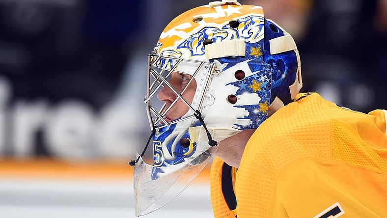 May 10, 2021; Nashville, Tennessee, USA; Nashville Predators goaltender Pekka Rinne (35) in net during the second period against the Carolina Hurricanes at Bridgestone Arena. Mandatory Credit: Christopher Hanewinckel-USA TODAY Sports