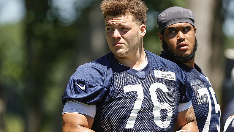 Jun 16, 2021; Lake Forest, Illinois, USA; Chicago Bears Teven Jenkins looks on during minicamp at Halas Hall. Mandatory Credit: Kamil Krzaczynski-USA TODAY Sports