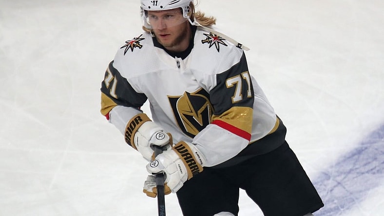 Jun 20, 2021; Montreal, Quebec, CAN; Vegas Golden Knights center William Karlsson (71) during the warm up session before the game four against Montreal Canadiens of the 2021 Stanley Cup Semifinals at Bell Centre. Mandatory Credit: Jean-Yves Ahern-USA TODAY Sports