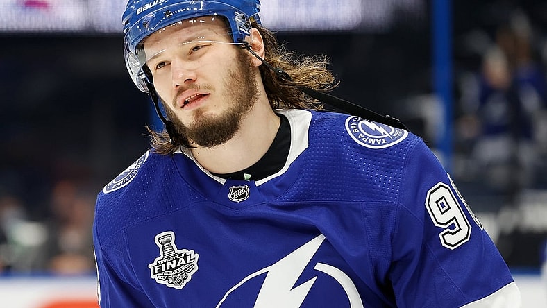 Jul 7, 2021; Tampa, Florida, USA; Tampa Bay Lightning defenseman Mikhail Sergachev (98) warms up before game five of the 2021 Stanley Cup Final against the Montreal Canadiens at Amalie Arena. Mandatory Credit: Kim Klement-USA TODAY Sports